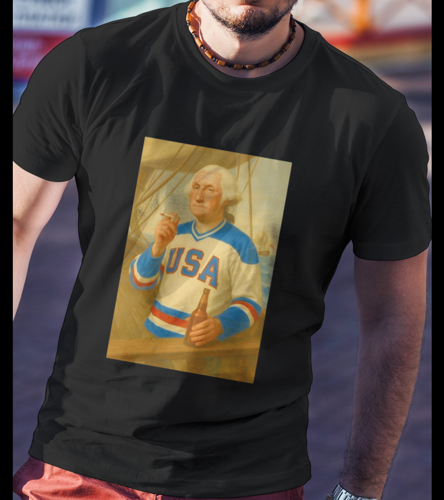 USA Hockey Jersey Wearing George Washington Smoking Holding Beer T-Shirt