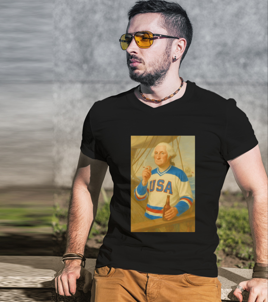 USA Hockey Jersey Wearing George Washington Smoking Holding Beer T-Shirt