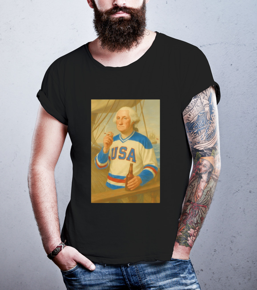 USA Hockey Jersey Wearing George Washington Smoking Holding Beer T-Shirt