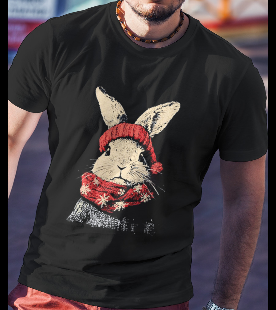 Bunny Rabbit In Red Knit Hat With Snowflake Scarf Winter T-Shirt