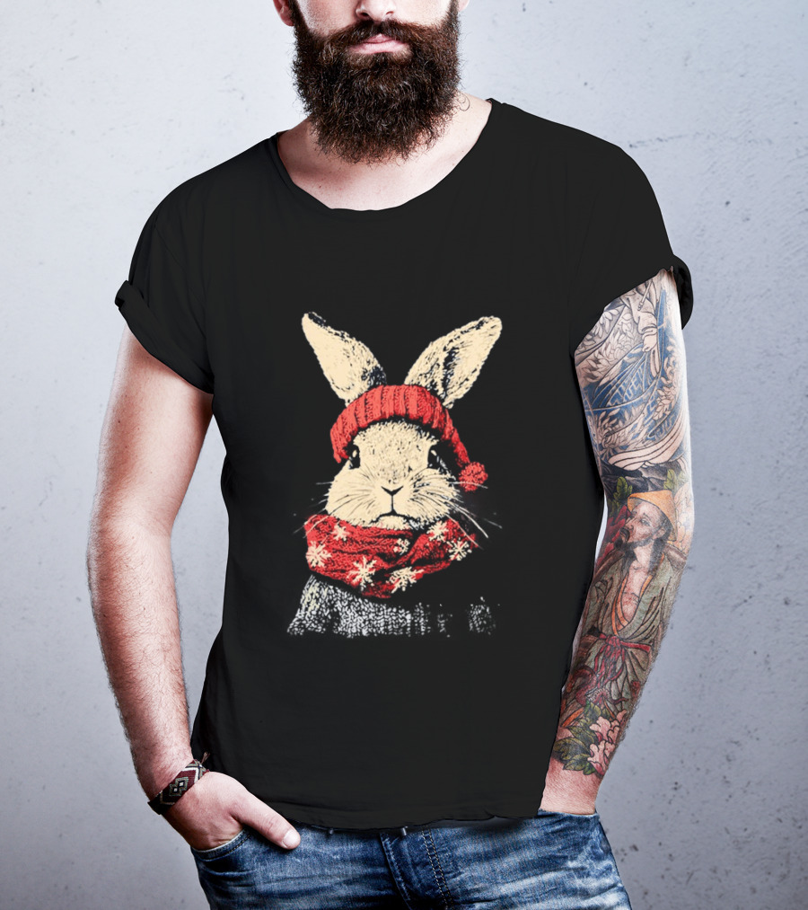 Bunny Rabbit In Red Knit Hat With Snowflake Scarf Winter T-Shirt
