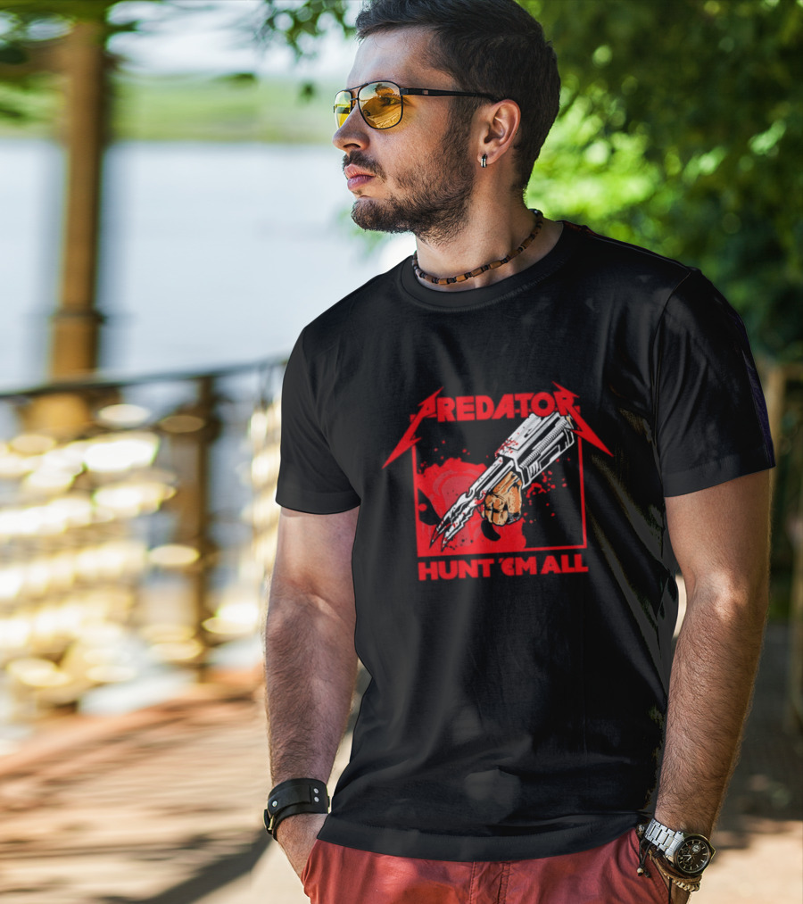 Hunt 'Em All With Iconic Predato Red Text And Weaponry T-Shirt