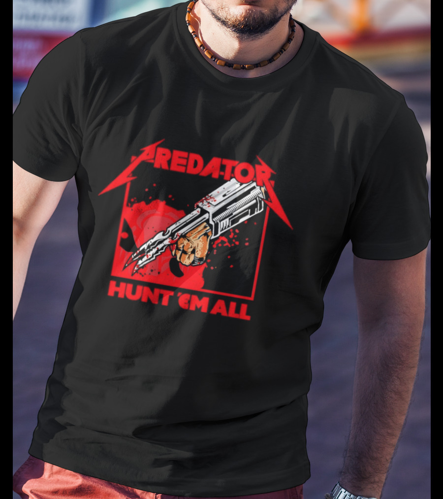 Hunt 'Em All With Iconic Predato Red Text And Weaponry T-Shirt