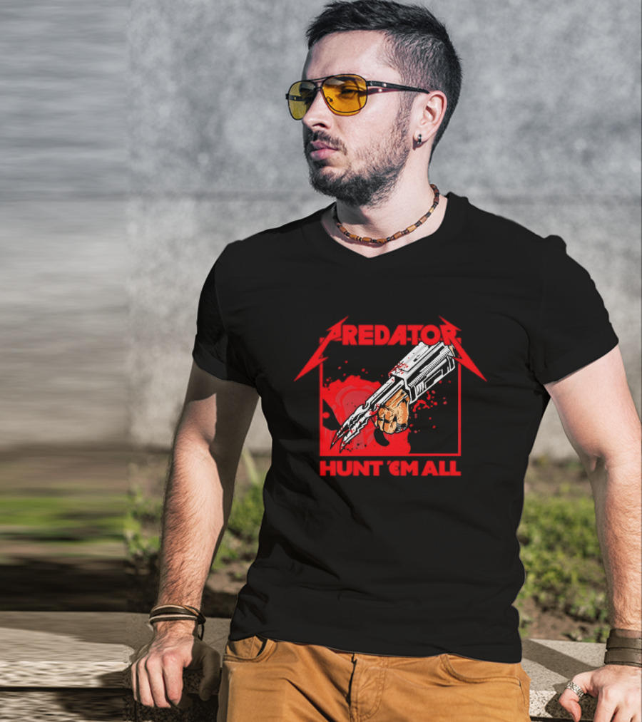 Hunt 'Em All With Iconic Predato Red Text And Weaponry T-Shirt
