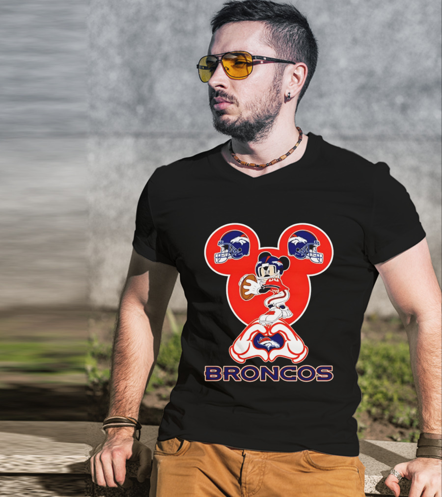 Denver Broncos Mickey Mouse Heart Hands Football Fan T-Shirt