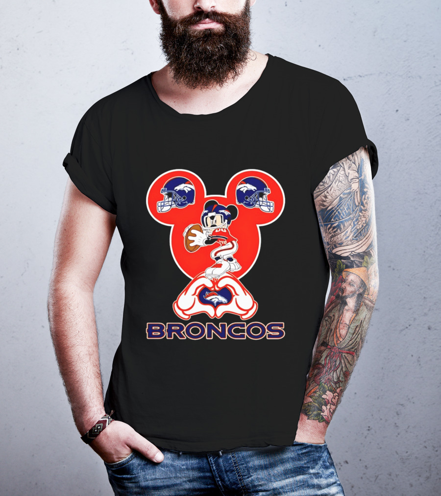 Denver Broncos Mickey Mouse Heart Hands Football Fan T-Shirt