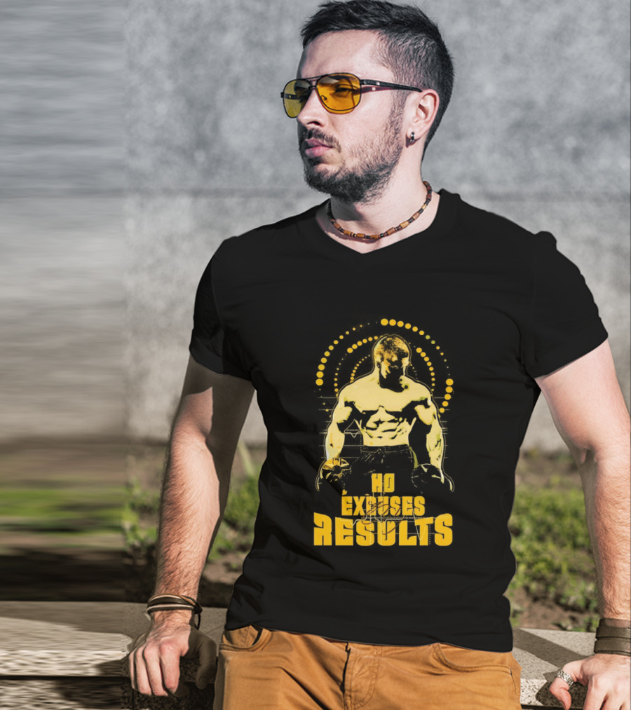 No Excuses Results Man Holding Dumbbell Strength Motivation T-Shirt