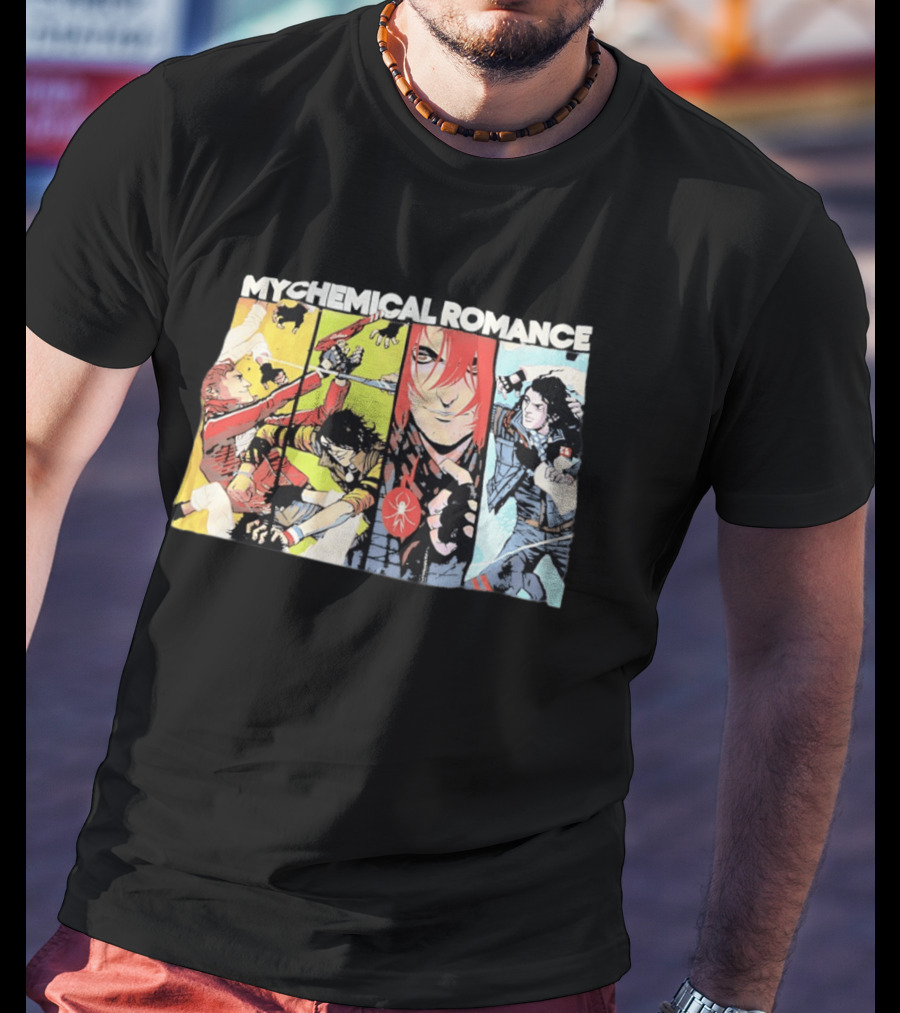 My Chemical Romance Comic Book Characters And Spider Symbol Vibrant Panel T-Shirt