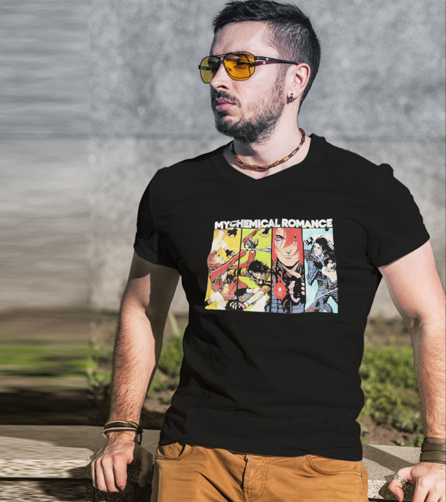 My Chemical Romance Comic Book Characters And Spider Symbol Vibrant Panel T-Shirt