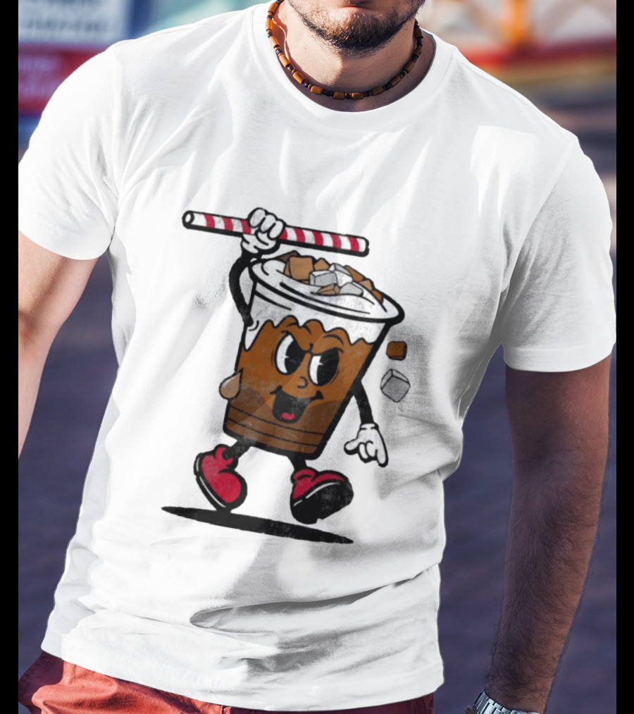 Reading Iced Coffees Cartoon Cup Character Fun T-Shirt