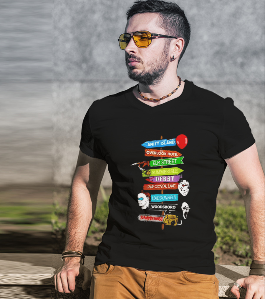 Amity Island Overlook Hotel Elm Street Summerisle Derry Camp Crystal Lake Haddonfield Woodsboro Sawyer House Horror Locations T-Shirt