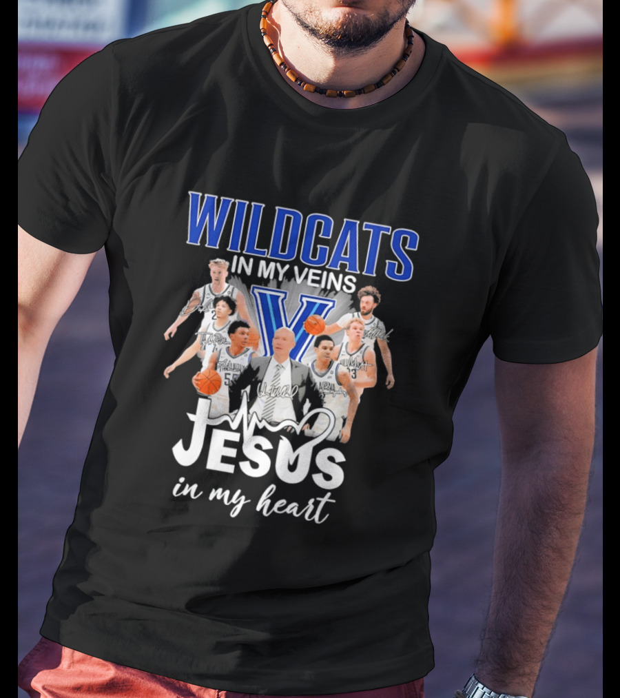 Wildcats In My Veins Jesus In My Heart Villanova Basketball Team Coach Kevin Willard T-Shirt