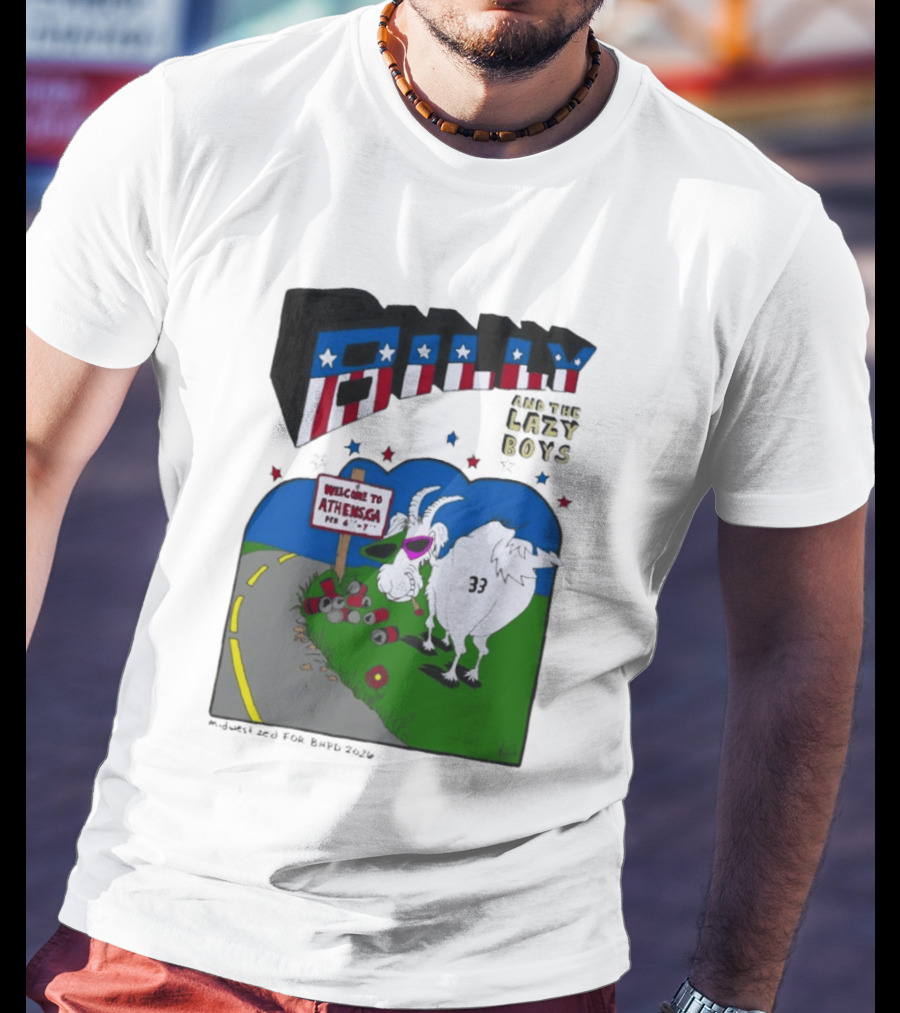 Billy And The Lazy Boys Athens GA Goat With Sunglasses Number 33 Welcome To Athens Sign T-Shirt
