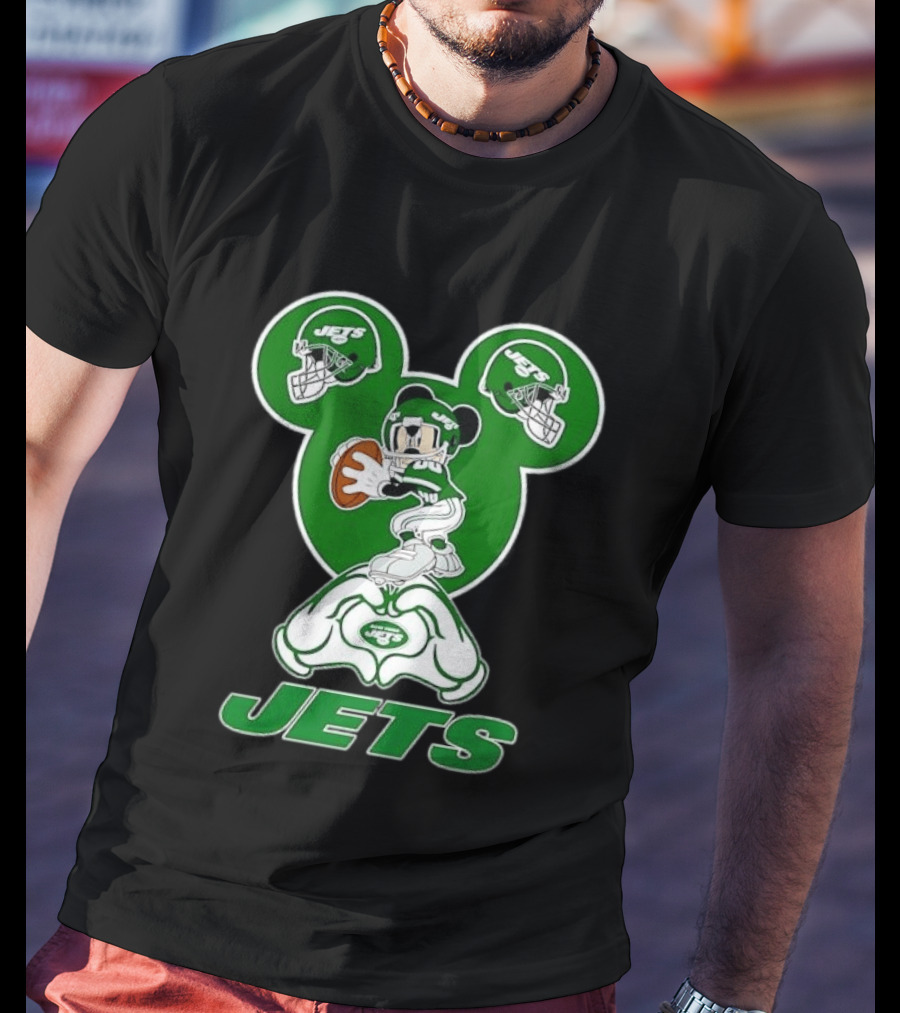 New York Jets Mickey Mouse Football Heart Hands T-Shirt