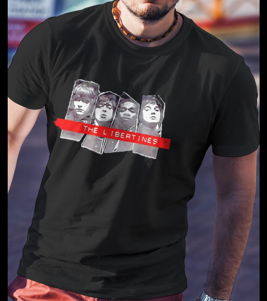 The Libertines Band Black And White Portraits With Red T-Shirt