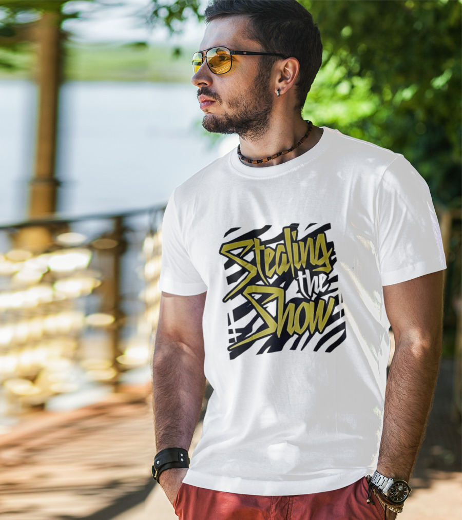 Stealing The Show Bold Graffiti Style Text On Striped T-Shirt