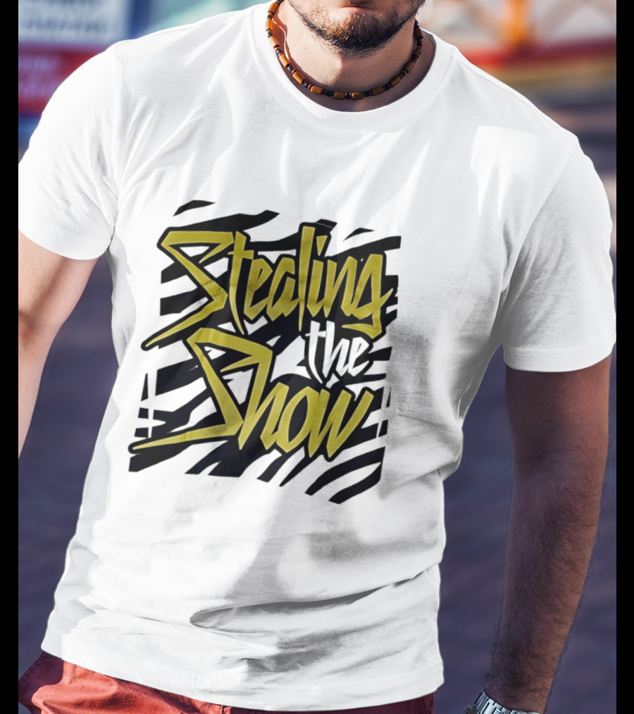 Stealing The Show Bold Graffiti Style Text On Striped T-Shirt