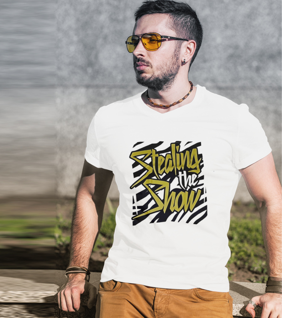 Stealing The Show Bold Graffiti Style Text On Striped T-Shirt