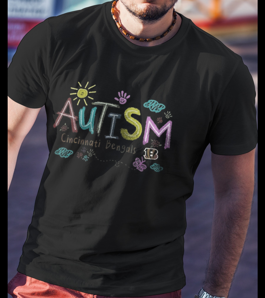 Cincinnati Bengals Autism Awareness Teach Love Hope Sun Handprints Clouds T-Shirt