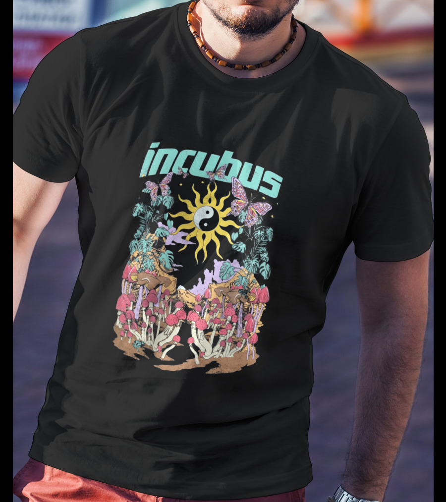 Incubus Yin Yang Sun With Mushrooms And Butterflies T-Shirt