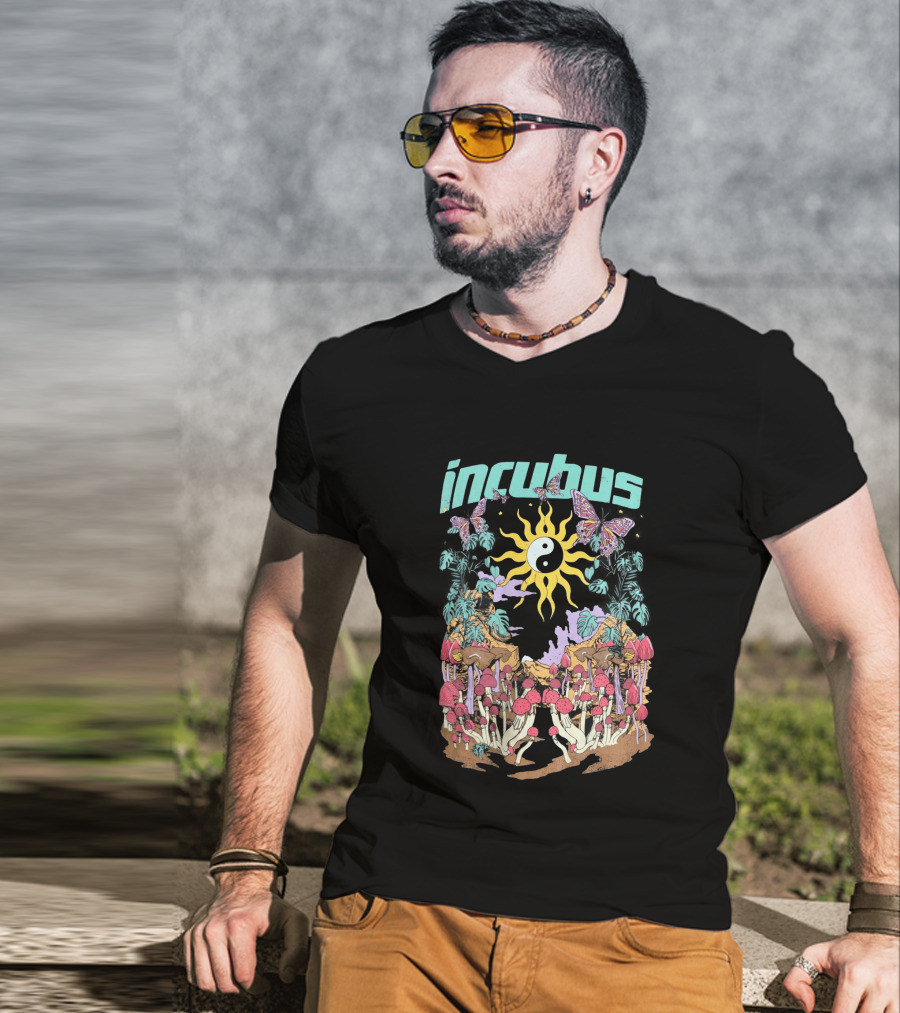 Incubus Yin Yang Sun With Mushrooms And Butterflies T-Shirt