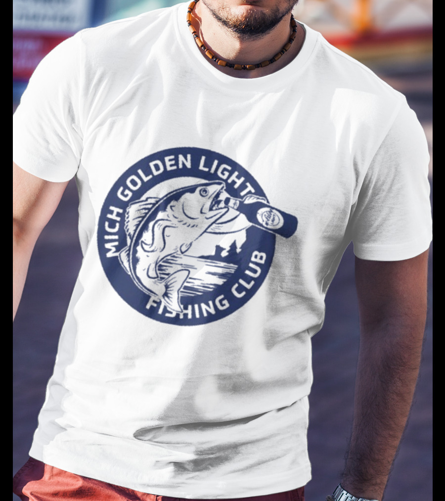 Mich Golden Light Fishing Club Logo With Fish And Bottle T-Shirt