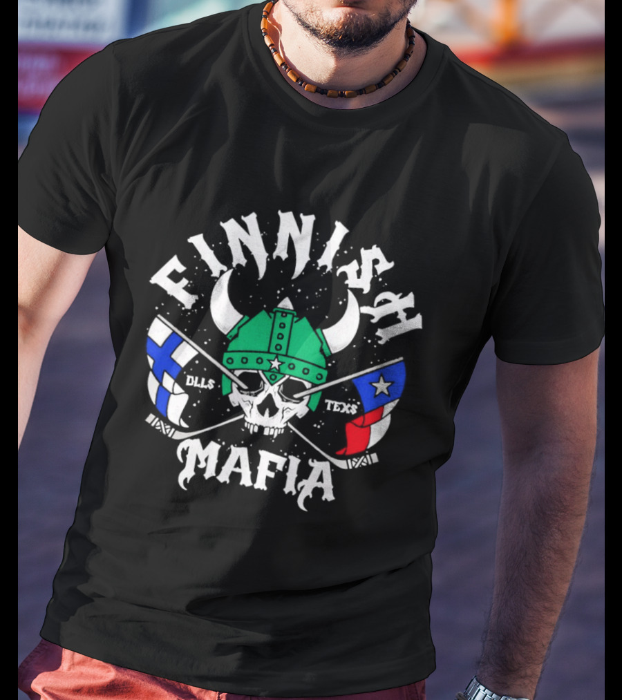 Finnish Mafia Skull Helm Crossed Sticks Finland Dallas Texas Flags T-Shirt