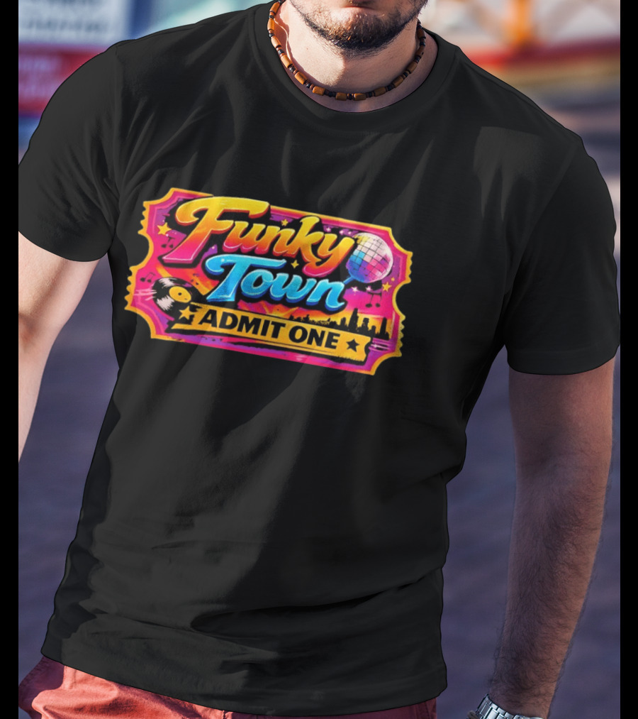 Funky Town Admit One Disco Ticket Skyline Vinyl Record T-Shirt