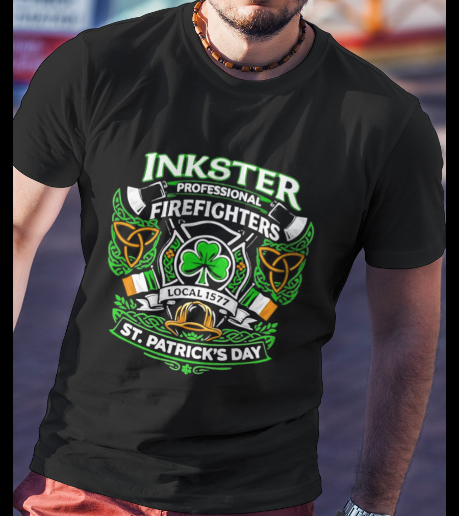 Inkster Professional Firefighters 2026 St Patrick's Day Clover And Fire Helmet Irish Flag T-Shirt