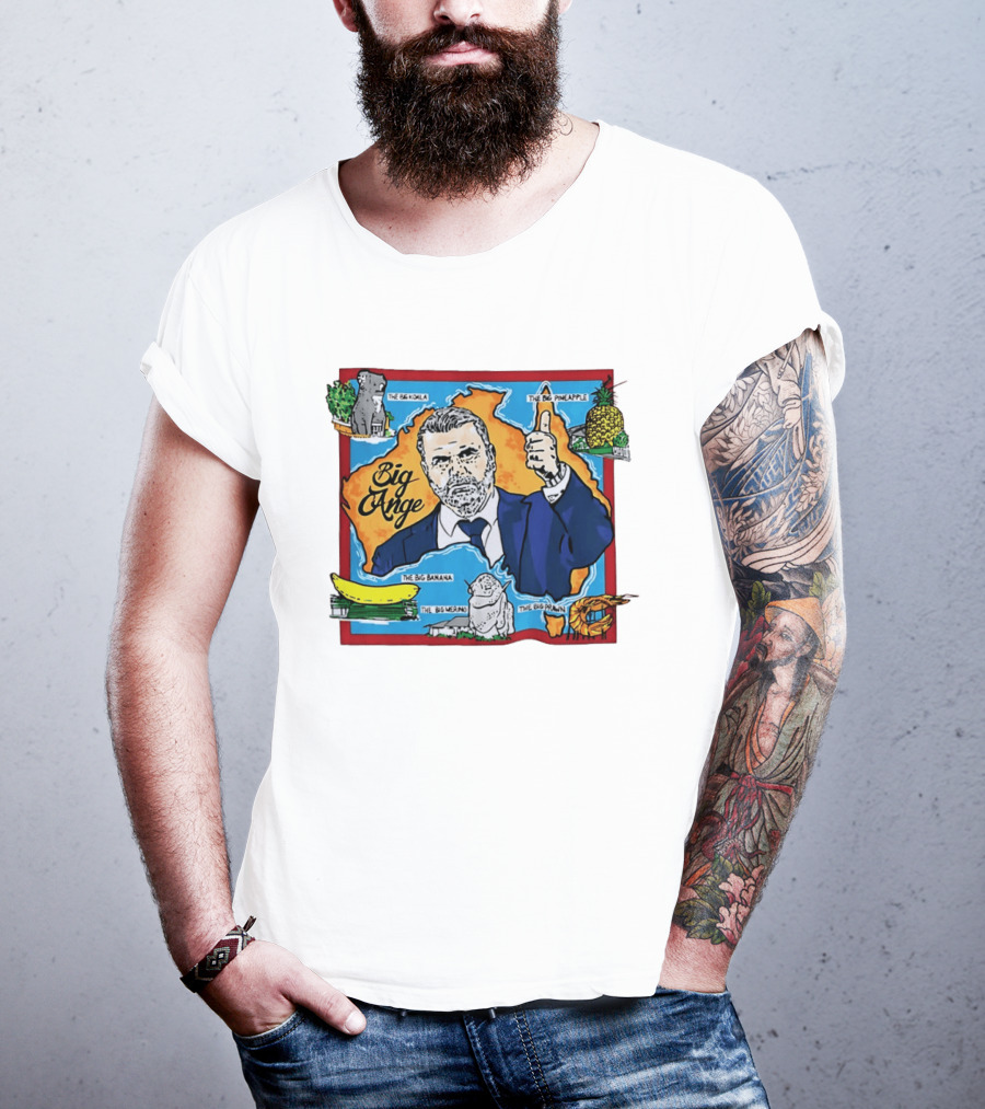 Big Ange Cartoon Australia Map With Koala Pineapple Banana Merino Prawn T-Shirt