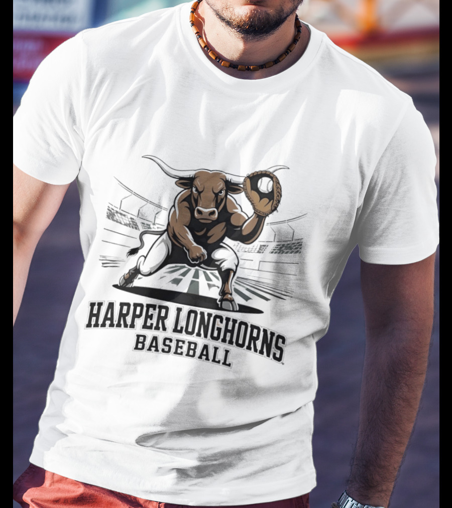 Harper Longhorns Baseball Fierce Bull Mascot Stadium Scene T-Shirt