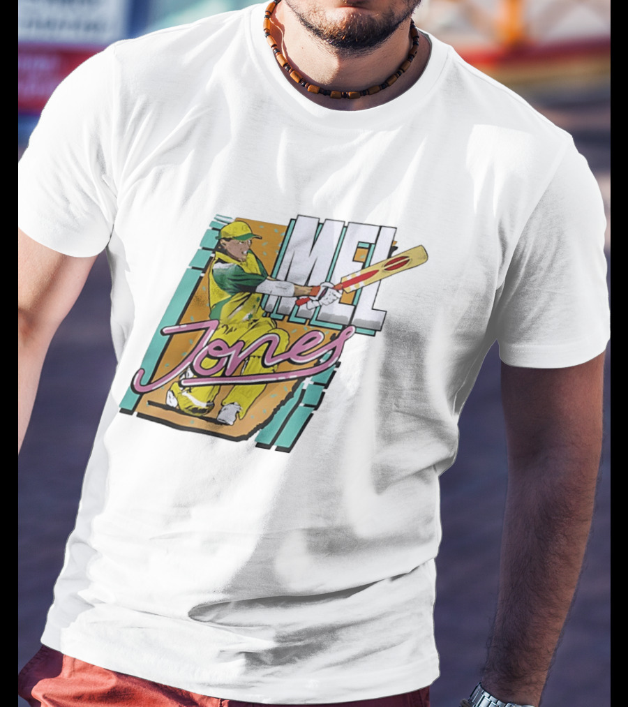 Mel Jones Cricket Caricature Batting Legend In Green And Gold T-Shirt