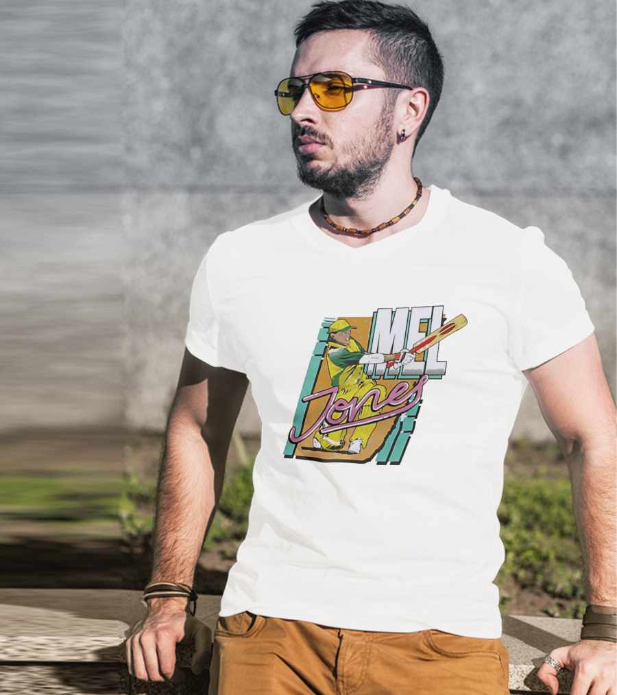 Mel Jones Cricket Caricature Batting Legend In Green And Gold T-Shirt