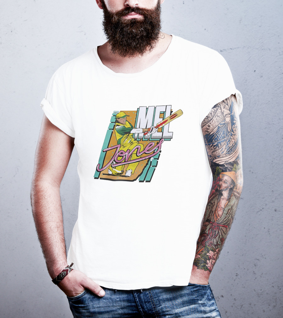 Mel Jones Cricket Caricature Batting Legend In Green And Gold T-Shirt