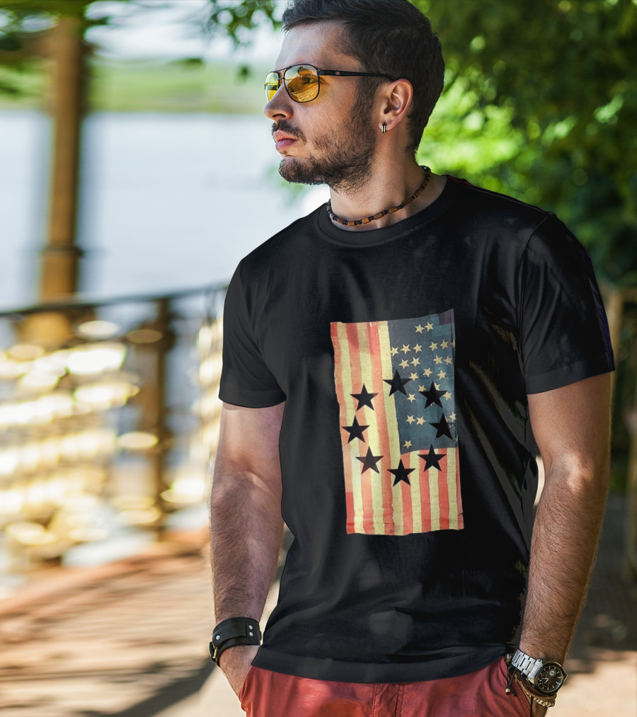 American Flag Black Stars Vintage Style Patriotic T-Shirt