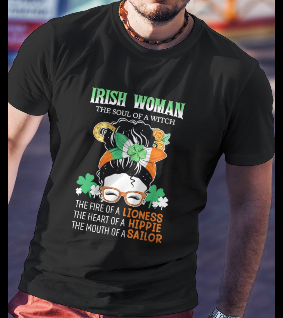 Irish Woman The Soul Of A Witch The Fire Of A Lioness The Heart Of A Hippie The Mouth Of A Sailor Shamrock Glasses Bandana T-Shirt