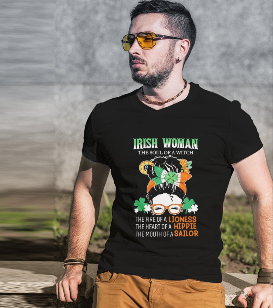 Irish Woman The Soul Of A Witch The Fire Of A Lioness The Heart Of A Hippie The Mouth Of A Sailor Shamrock Glasses Bandana T-Shirt