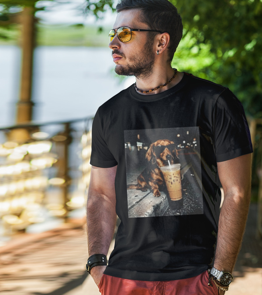 Dachshund Enjoying Iced Coffee With Sunglasses T-Shirt