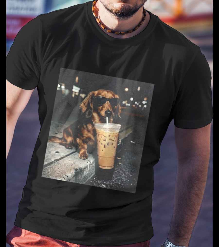 Dachshund Enjoying Iced Coffee With Sunglasses T-Shirt