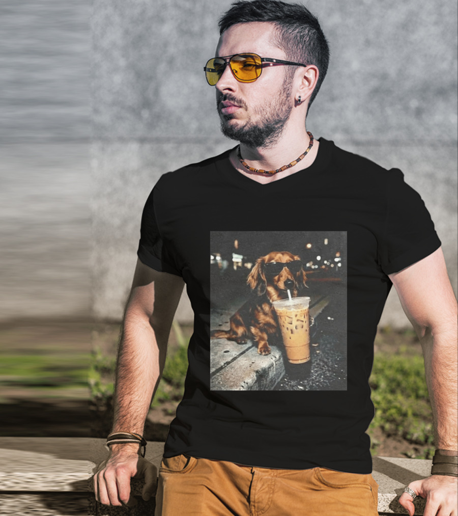 Dachshund Enjoying Iced Coffee With Sunglasses T-Shirt