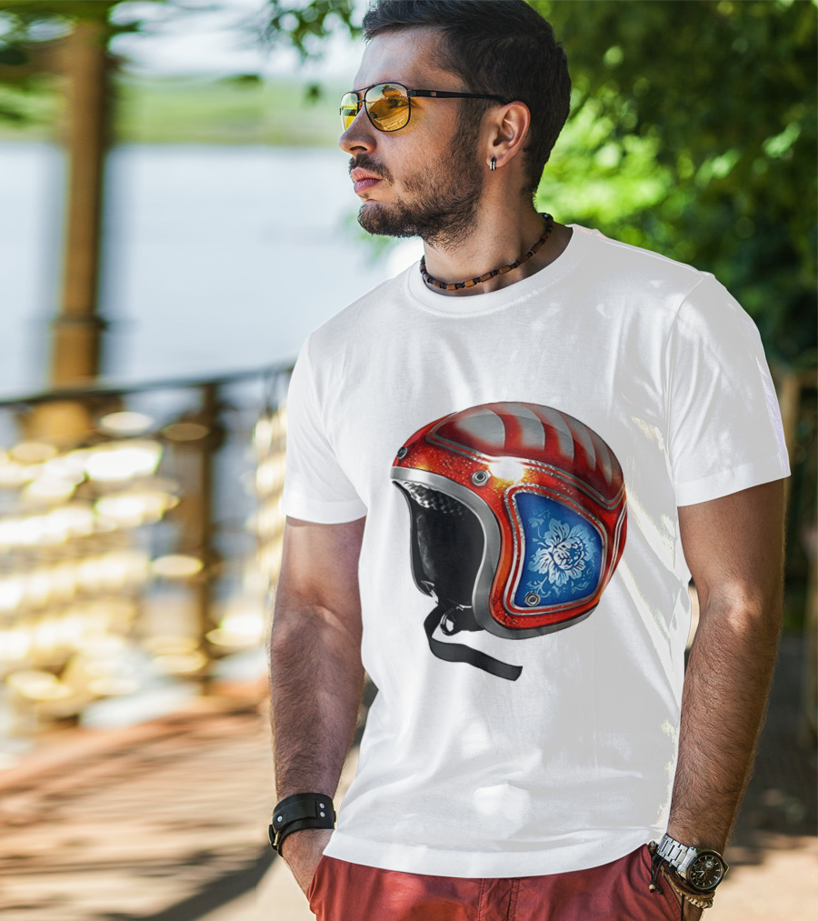 Blue Bloom Racer Helmet Red White Stripes Floral Blossom T-Shirt