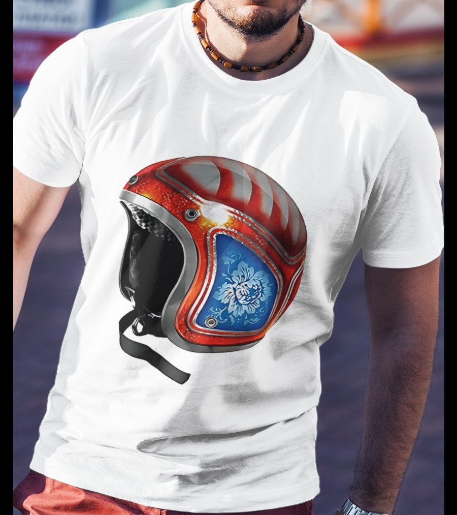 Blue Bloom Racer Helmet Red White Stripes Floral Blossom T-Shirt