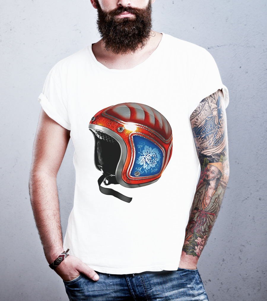 Blue Bloom Racer Helmet Red White Stripes Floral Blossom T-Shirt