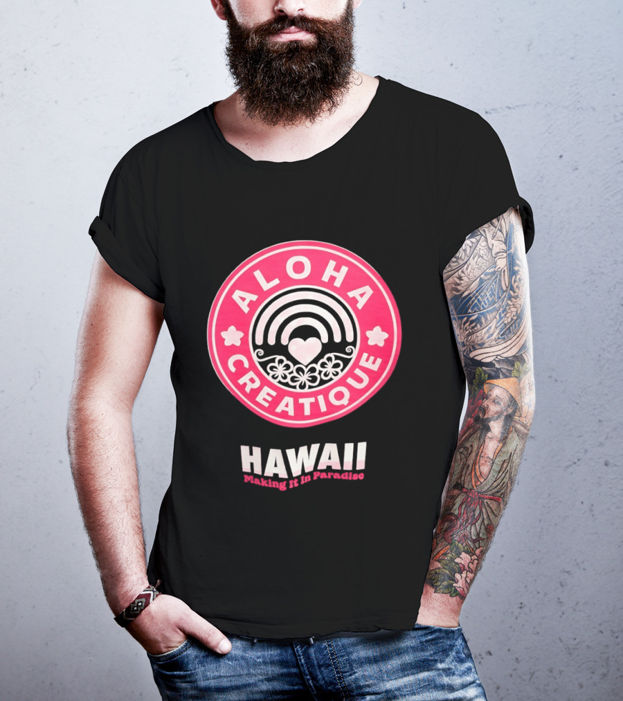 Aloha Creatique Hawaii Making It In Paradise Badge Rainbow Heartflowers T-Shirt