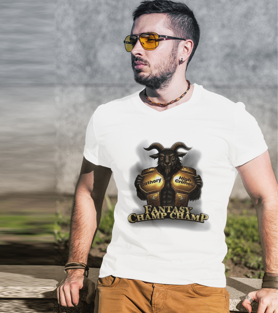 Bathory High Crimes Fantasy Champ Champ Goat Creature Holding Belts T-Shirt