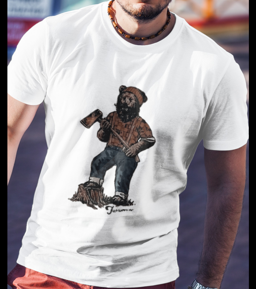 Lumberjack Bear Holding Axe Plaid Denim Jeans Beanie T-Shirt