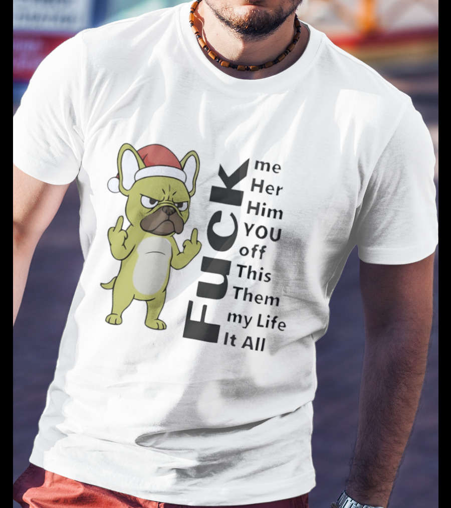 Pug Dog Middle Finger Santa Hat Funny Rude Holiday Expression T-Shirt