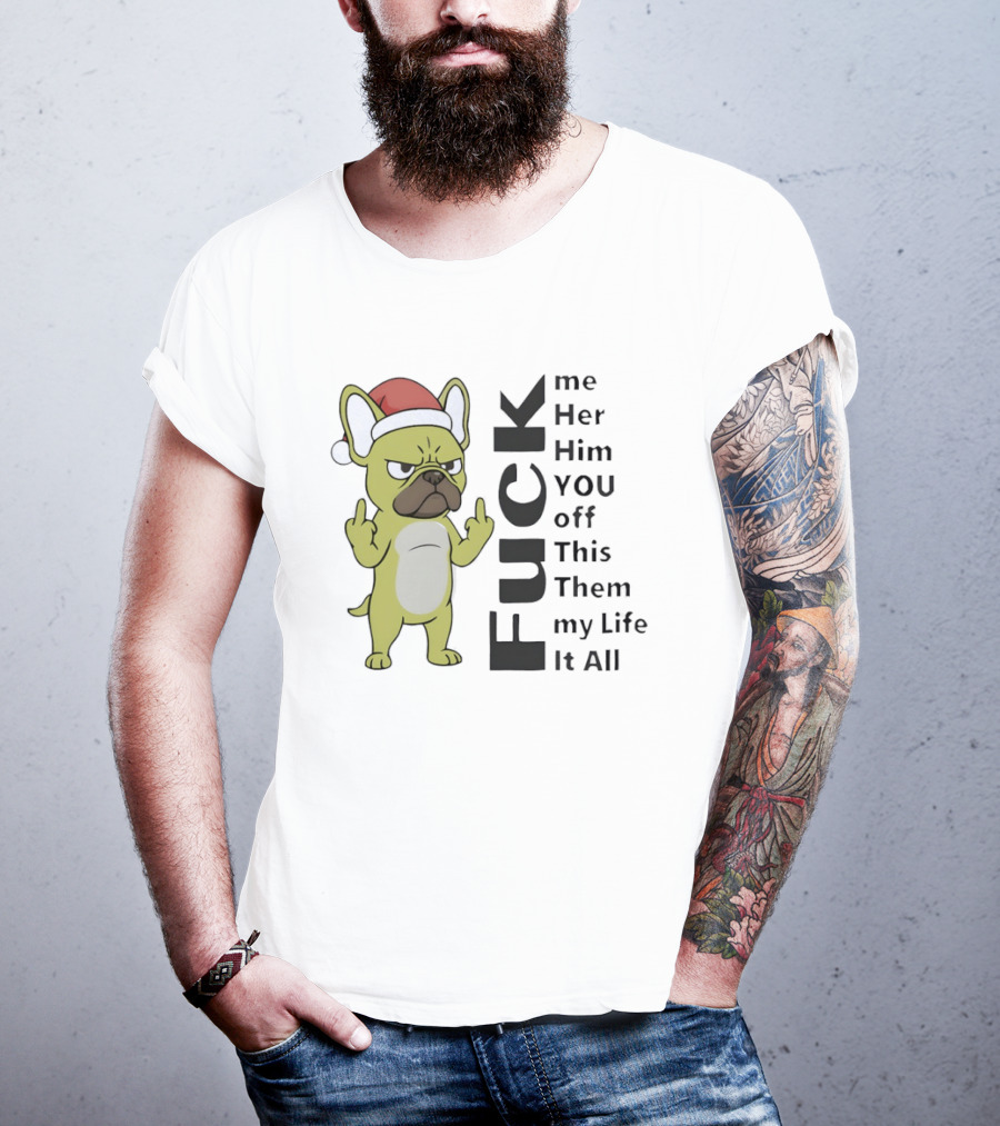 Pug Dog Middle Finger Santa Hat Funny Rude Holiday Expression T-Shirt