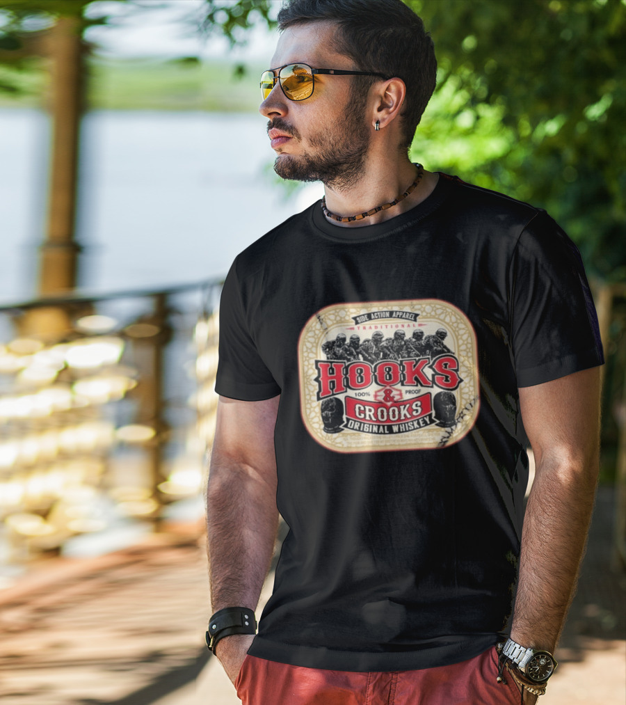 Side Action Apparel Traditional Hooks Crooks Original Whiskey 100 Proof T-Shirt