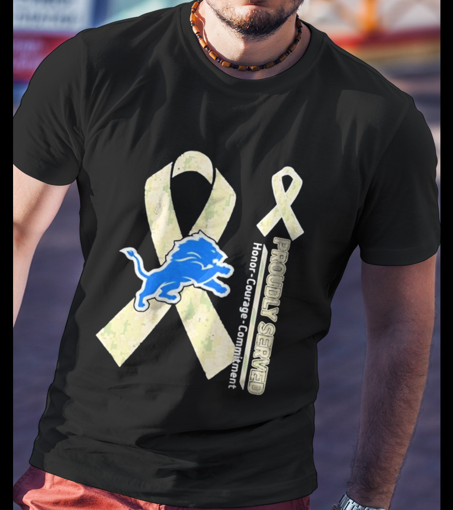 Detroit Lions Camo Ribbon Proudly Served Honor Courage Commitment T-Shirt